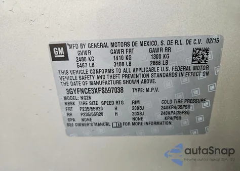 2015 Cadillac Srx Performance Collection z USA, uszkodzony, nr VIN 3GYFNCE3XFS597038